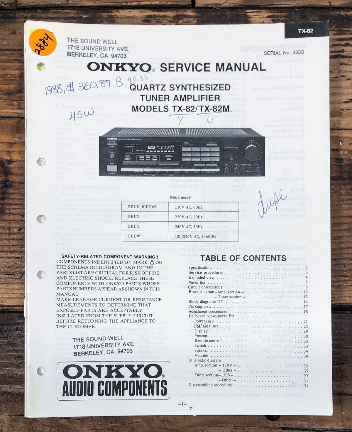 Onkyo TX-82 TX-82M Receiver  Service Manual *Original*