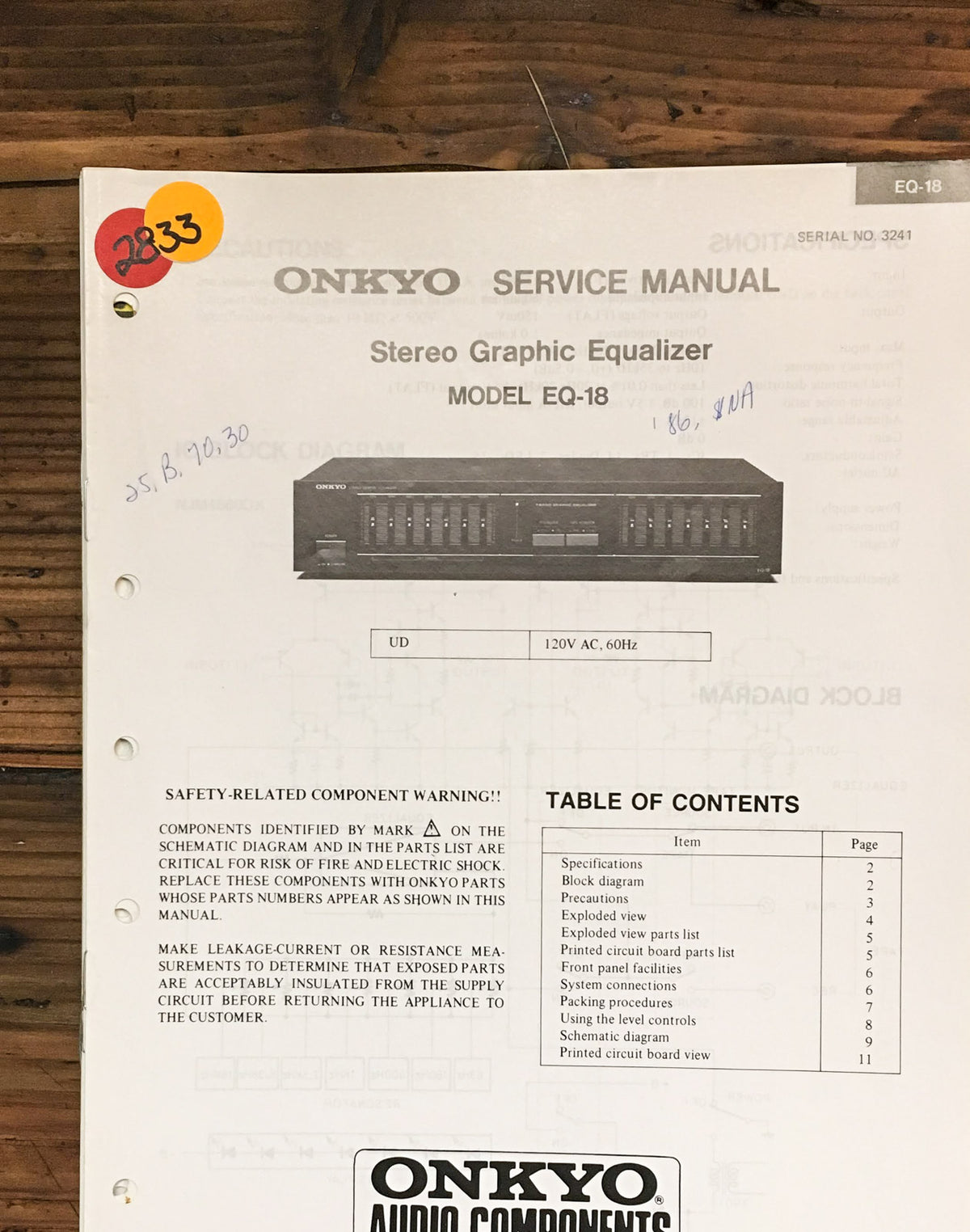 Onkyo EQ-18 Equalizer  Service Manual *Original*