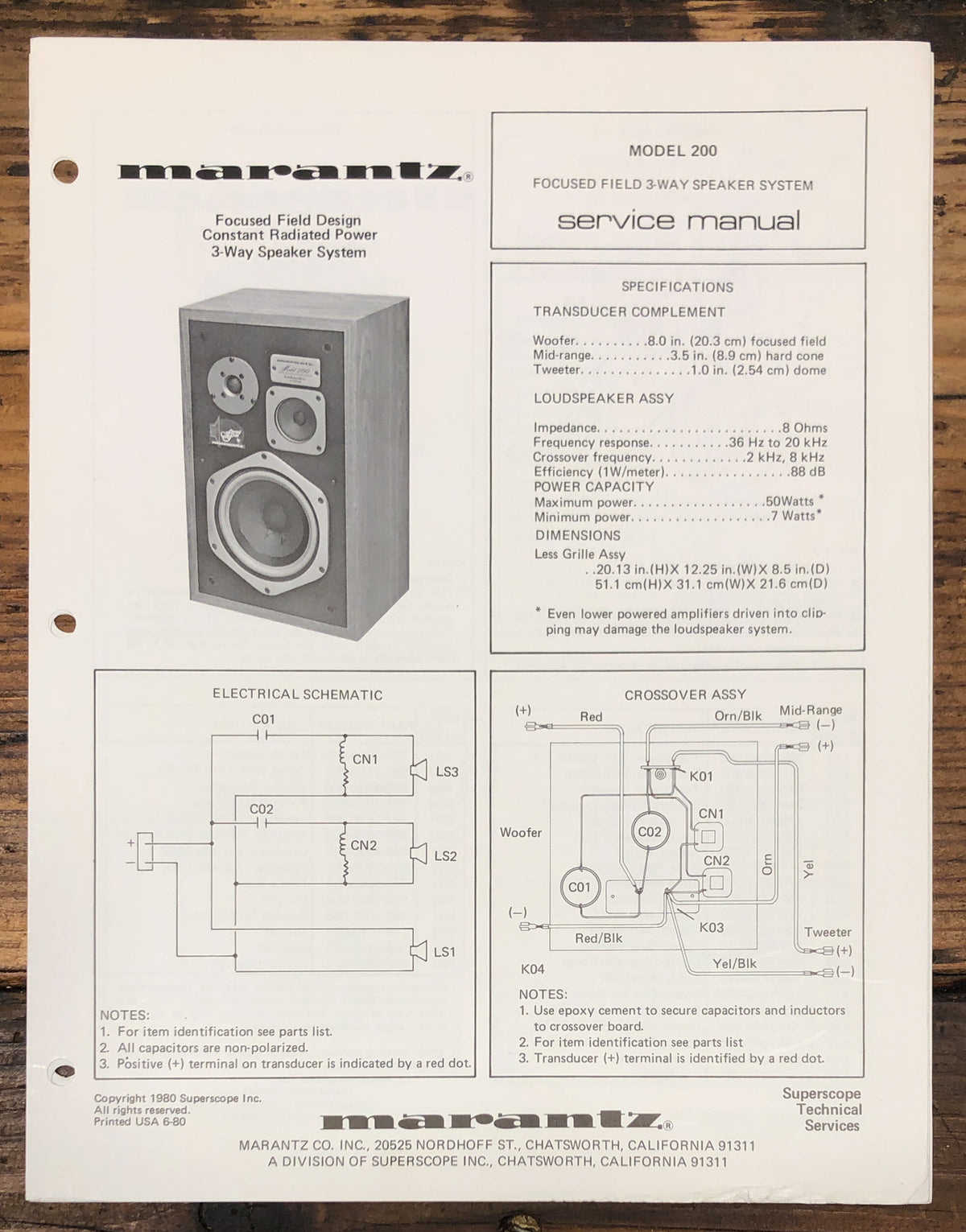 Marantz Model 200 Speaker Service Data Sheet  *Original*