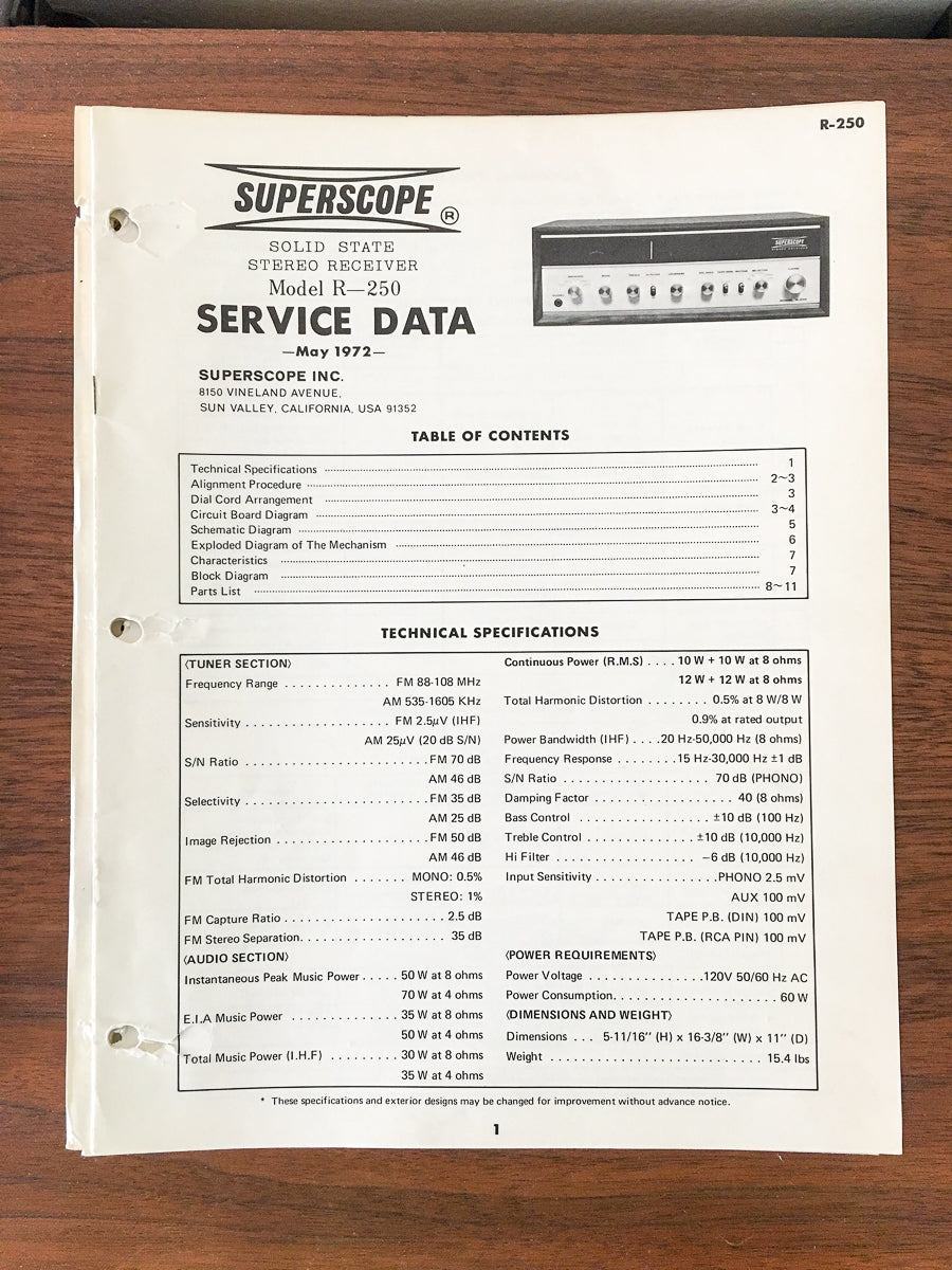 Superscope R-250 Receiver Service Manual *Original*
