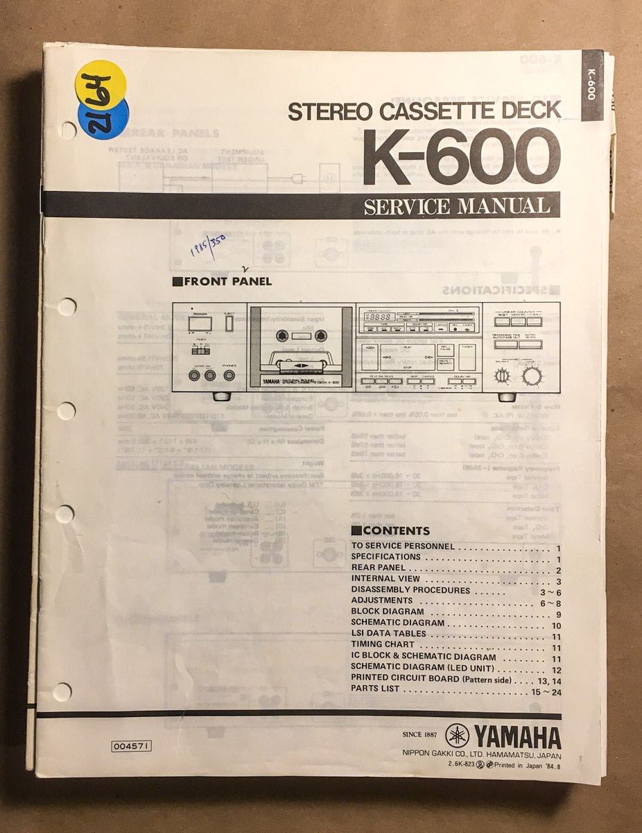 Yamaha K-600 Cassette  Service Manual *Original*