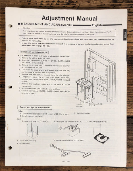 Technics SL-P1 CD Player Adjustment Service Manual *Original*