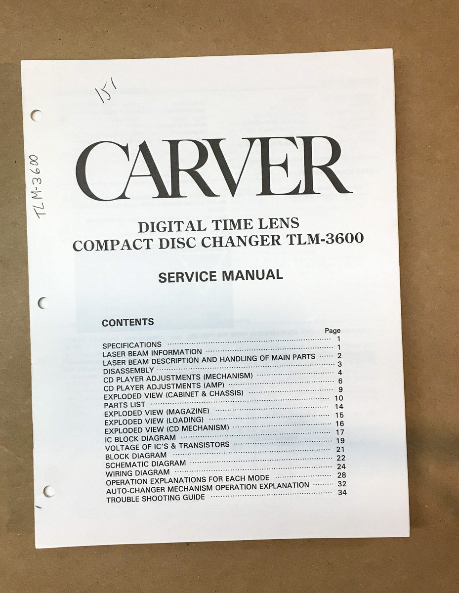 Carver TLM-3600 CD Player  Service Manual *Original*
