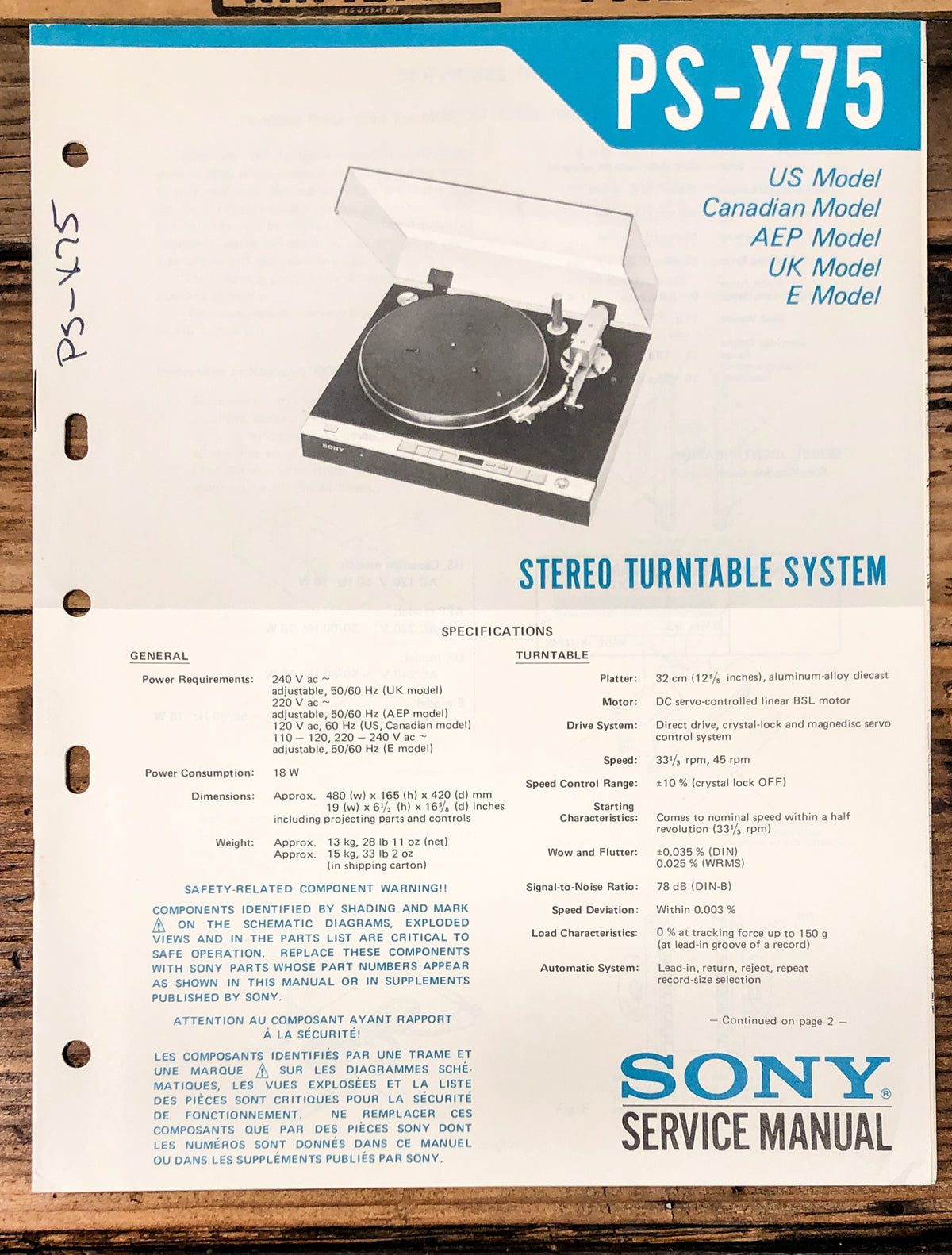 Sony PS-X75 Record Player / Turntable  Service Manual *Original*