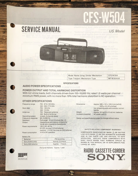 Sony CFS-W504 Radio Service Manual *Original*