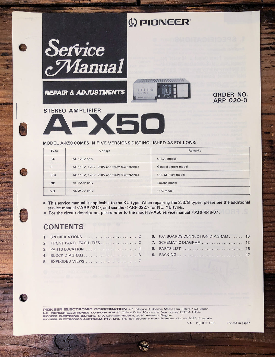 Pioneer A-X50 Amplifier Service Manual *Original*