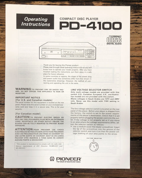 Pioneer PD-4100 CD Player Owners / User Manual *Original*