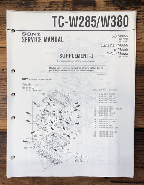 Sony TC-W285 TC-W380 Cassette Supp. Service Manual *Original*