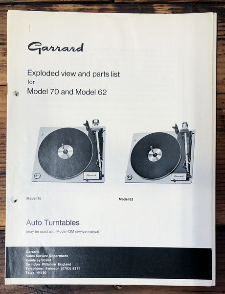 Garrard Model 62 70 Turntable Exploded View & Parts List  *Original*