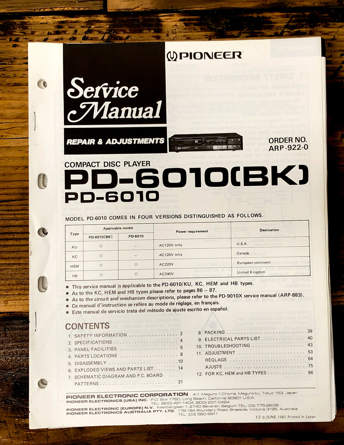 Pioneer PD-6010 CD Player  Service Manual *Original*