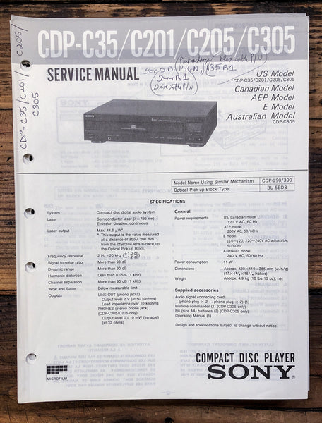 Sony CDP-C35 CDP-C201 CDP-C205 CDP-C305 CD Player  Service Manual *Original*