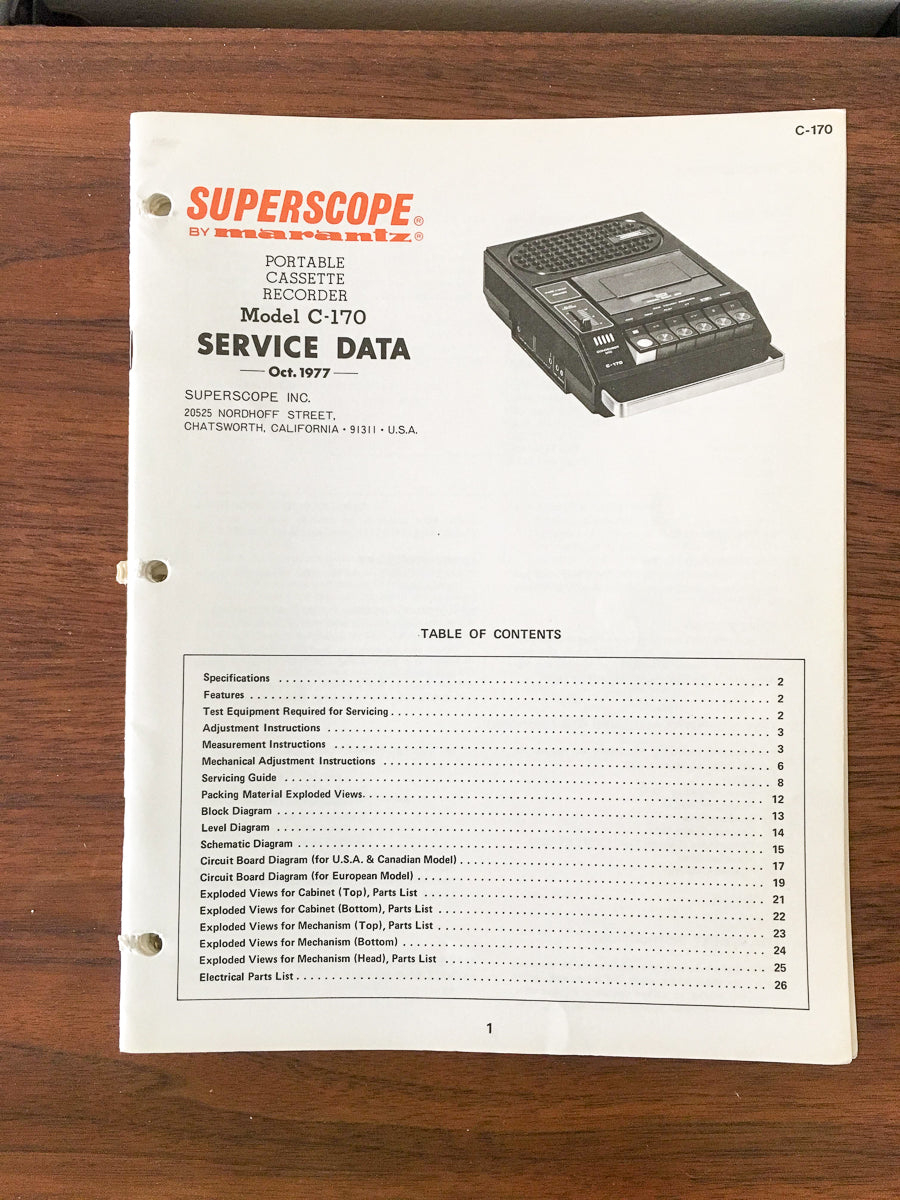 Superscope C-170 Cassette Recorder Service Manual *Original*