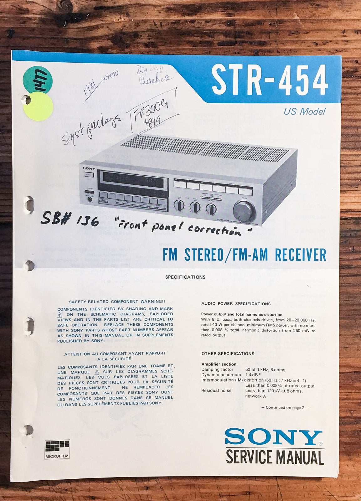 Sony STR-454 Receiver  Service Manual *Original*