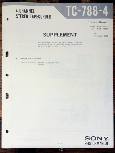 Sony TC-788-4 Reel to Reel Supp. Service Manual *Original*