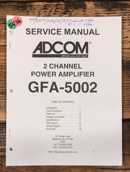 Adcom GFA-5002 Amplifier  Service Manual *Original*