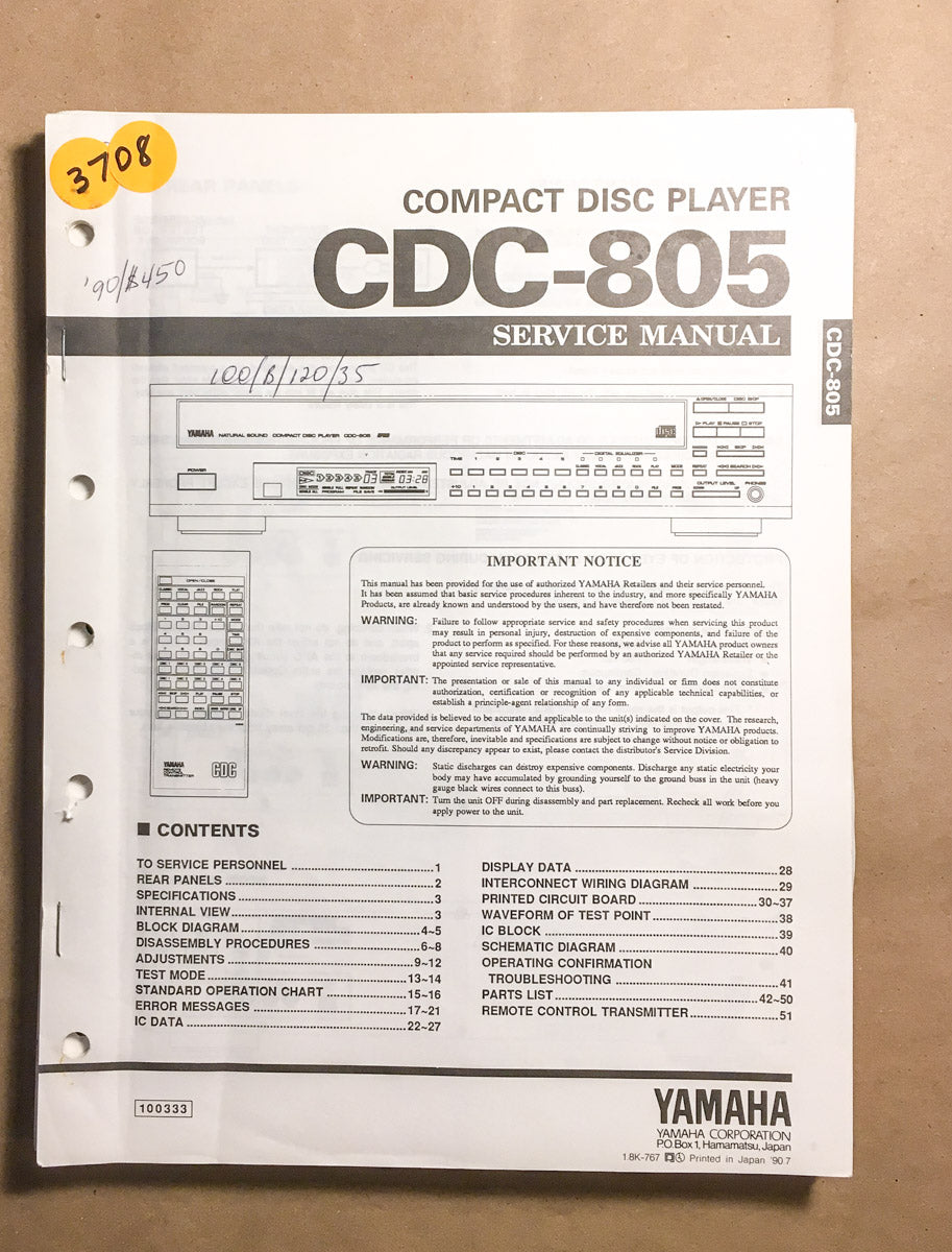 Yamaha CDC-805 CD Player  Service Manual *Original*