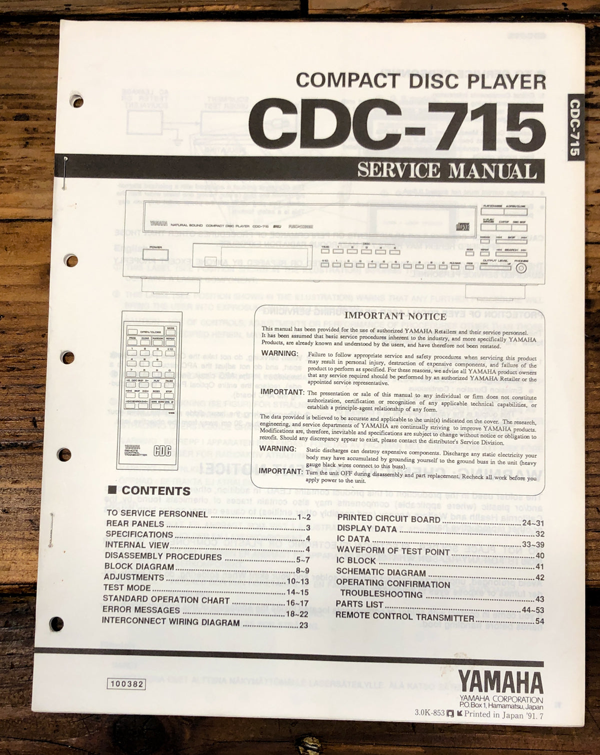 Yamaha CDC-715 CD Player  Service Manual *Original*