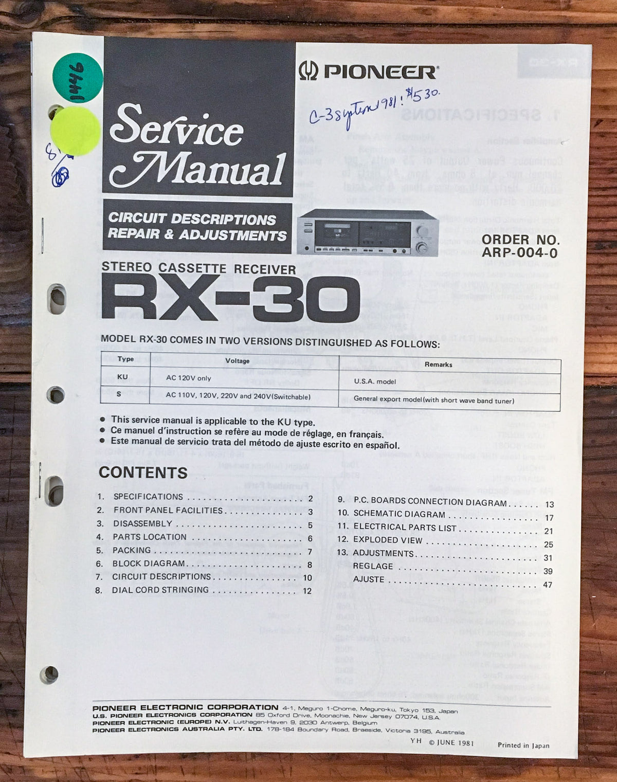 Pioneer RX-30 Cassette Receiver  Service Manual *Original*