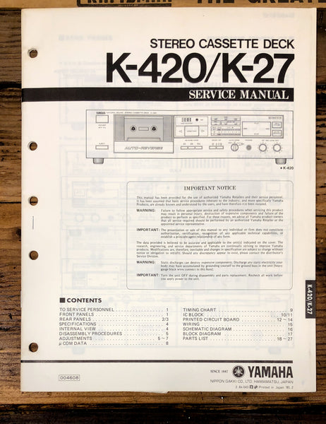 Yamaha K-420 K-27 Cassette  Service Manual *Original*