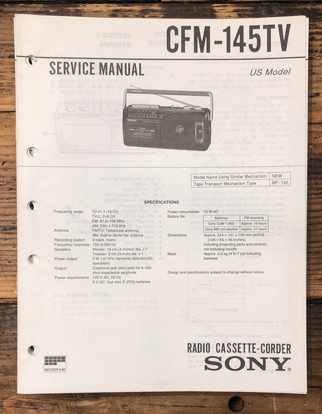 Sony CFM-145 CFM-145TV Radio Cassette  Service Manual *Original*