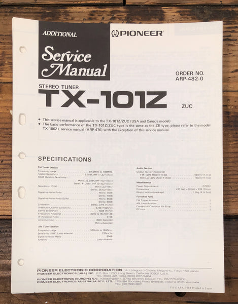 Pioneer TX-101Z Tuner Additional Service Manual *Original*