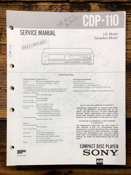 Sony CDP-110 CD Player Prelim. Service Manual *Original*