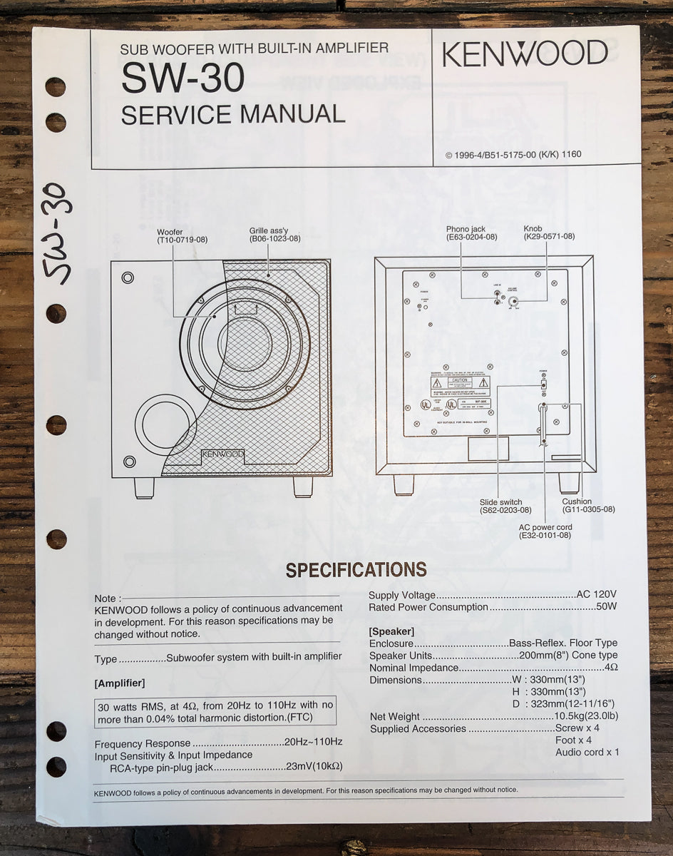 Kenwood SW-30 Subwoofer Service Manual *Original*