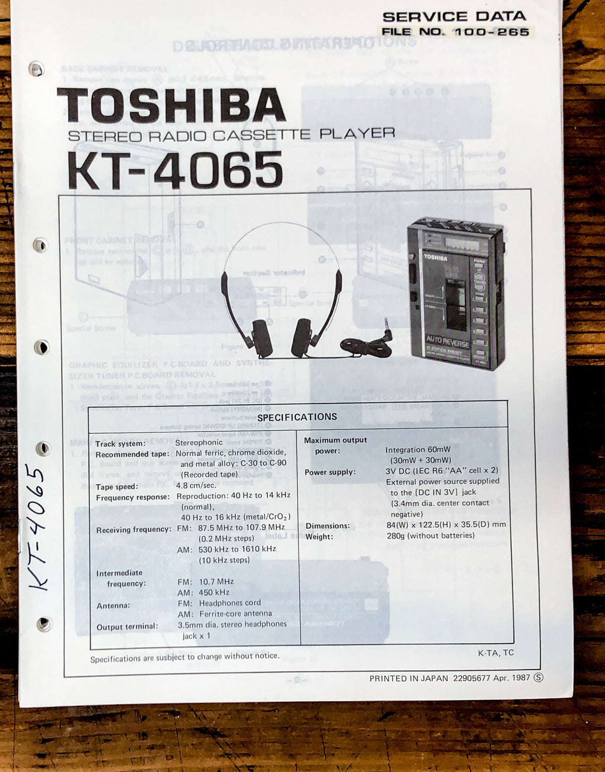 Toshiba Model KT-4065 Cassette Service Manual *Original*