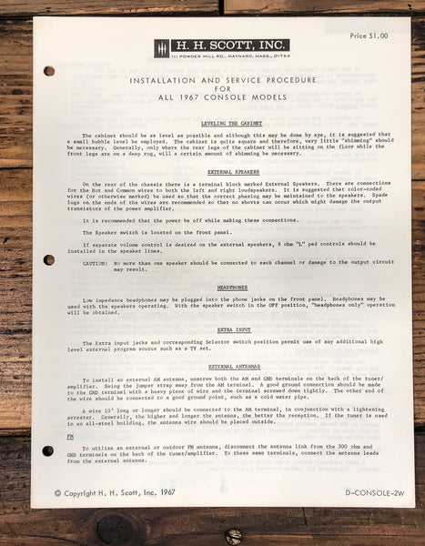 HH Scott 1967 Consoles Service Manual *Original*