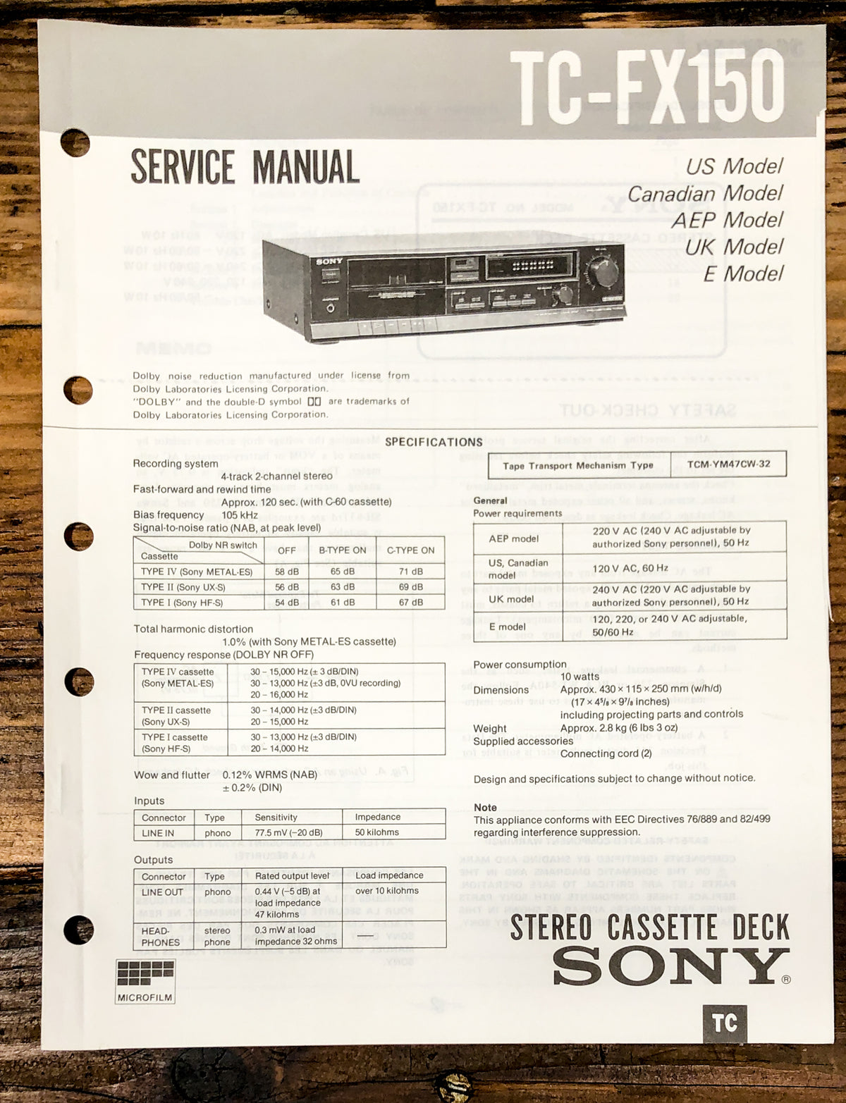 Sony TC-FX150 Cassette Service Manual *Original*