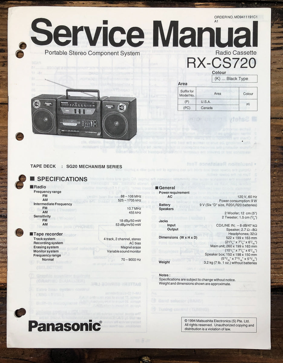 Technics RX-CS720 Boombox / Stereo Service Manual *Original*