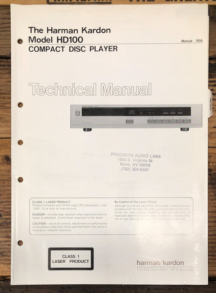 Harman Kardon CD100 HD-100 CD Player  Service Manual *Original*