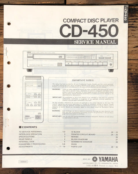 Yamaha CD-450 CD Player  Service Manual *Original*