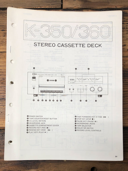 Yamaha K-350 K-360 Cassette  Service Manual *Original*