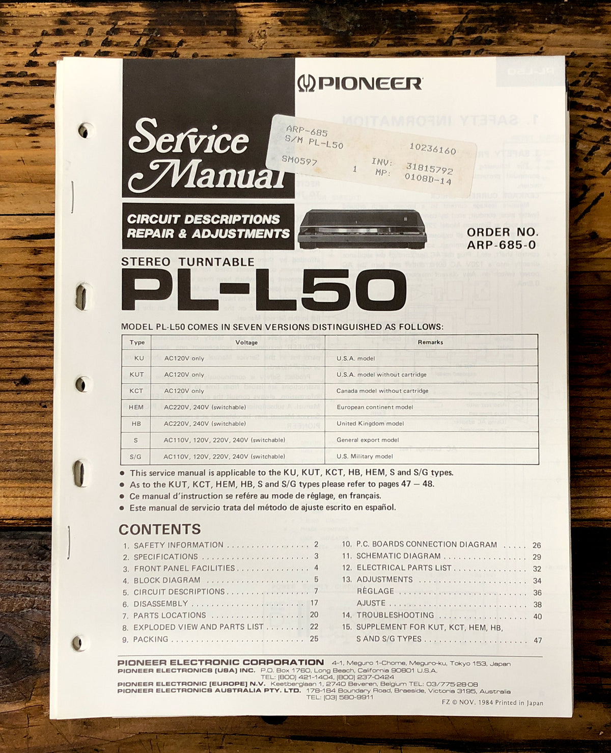 Pioneer PL-L50 Record Player / Turntable  Service Manual *Original*