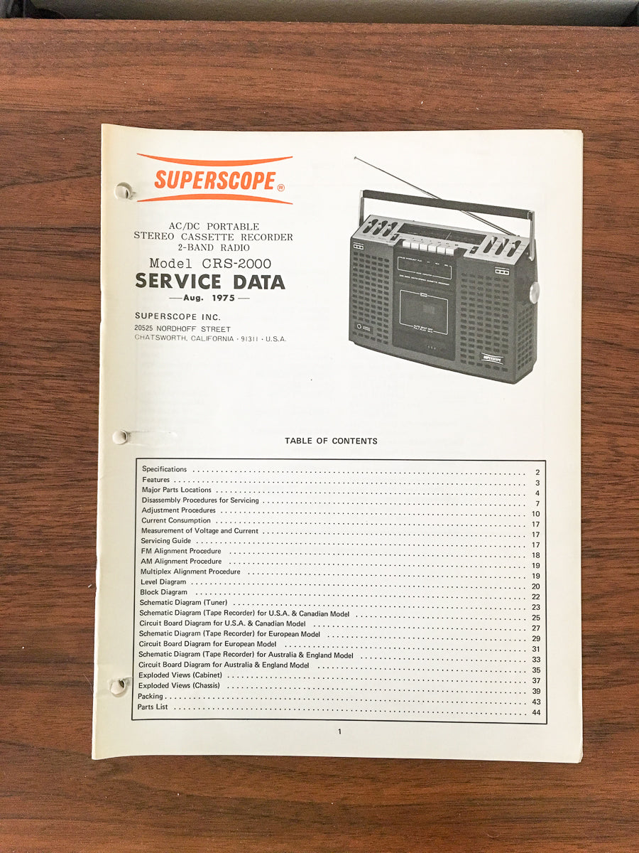 Superscope CRS-2000 Radio / Cassette Service Manual *Original*