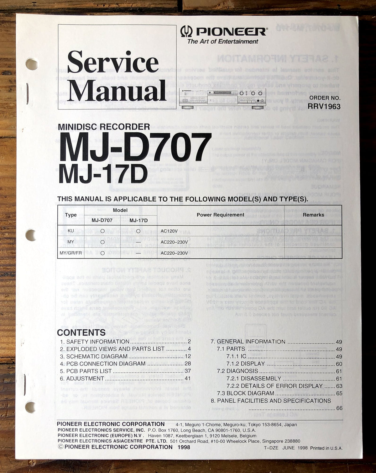Pioneer MJ-D707 MJ-17D Minidisc Recorder Service Manual *Original*