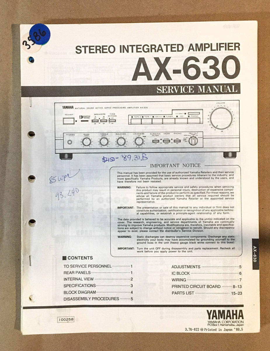 Yamaha AX-630 Amplifier  Service Manual *Original*