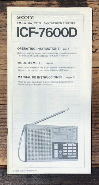 Sony ICF-7600D Receiver  Owner / User Manual *Original*