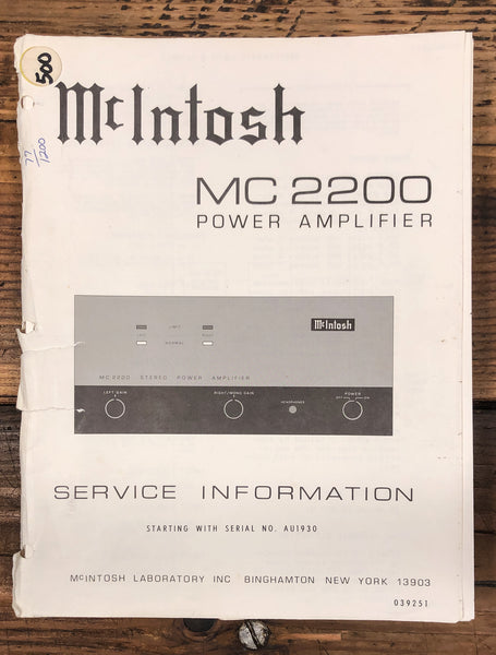 McIntosh MC2200 MC-2200 Amplifier  Service Manual *Original* #1