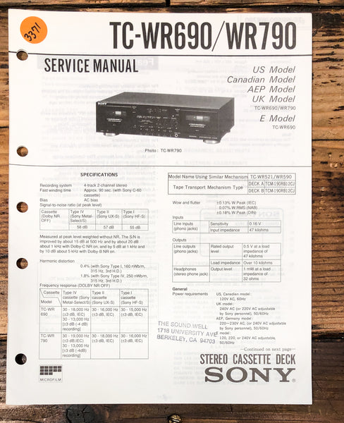 Sony TC-WR690 TC-WR790 Cassette Service Manual *Original*