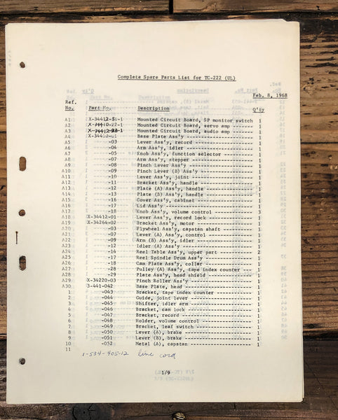 Sony TC-222 Cassette Spare Parts List Manual *Original*