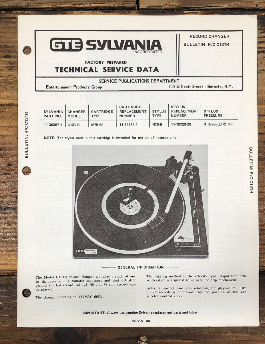 Sylvania / BSR  R/C Model C131R Record Changer Service Manual *Original*