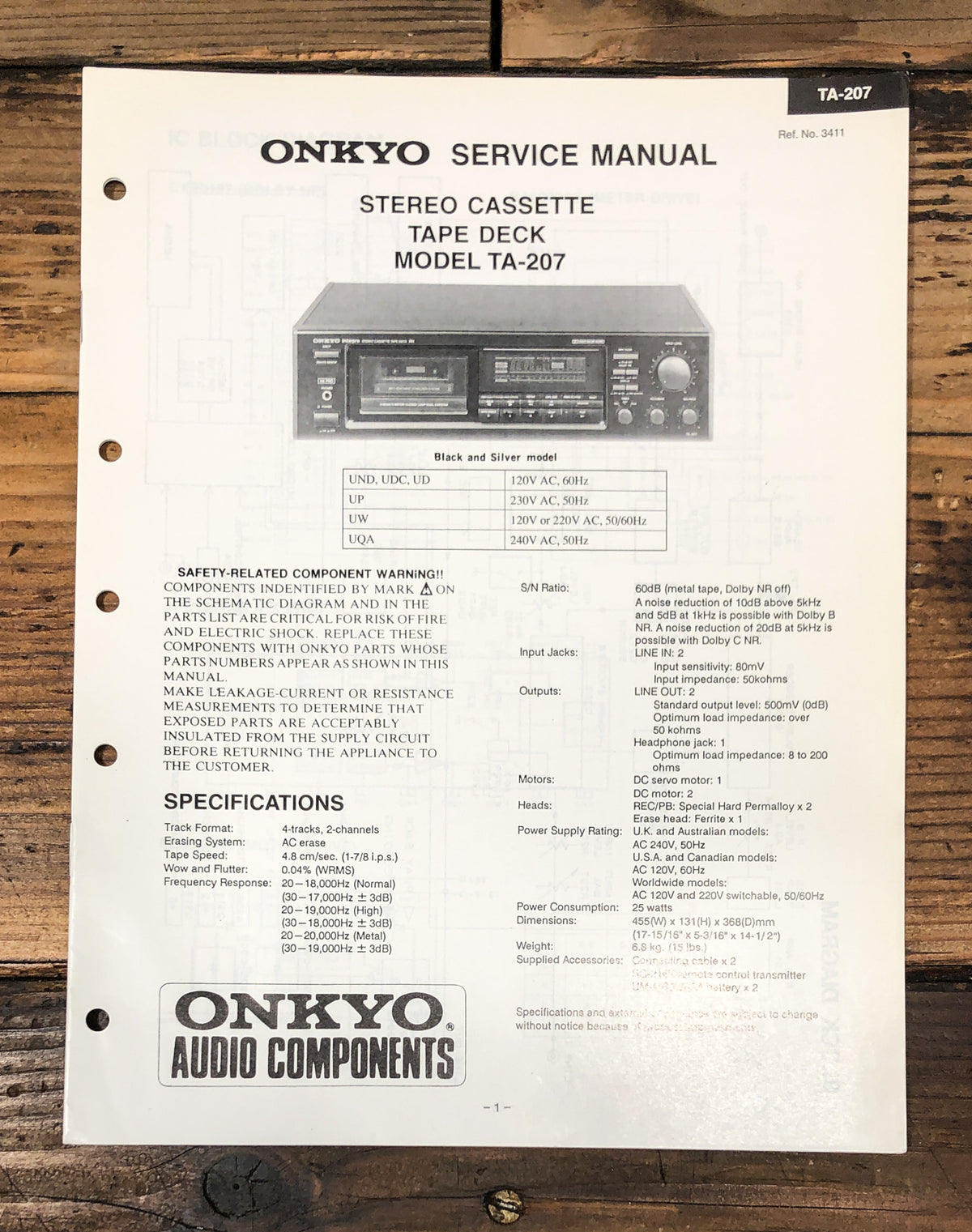 Onkyo TA-207 Cassette Service Manual *Original*