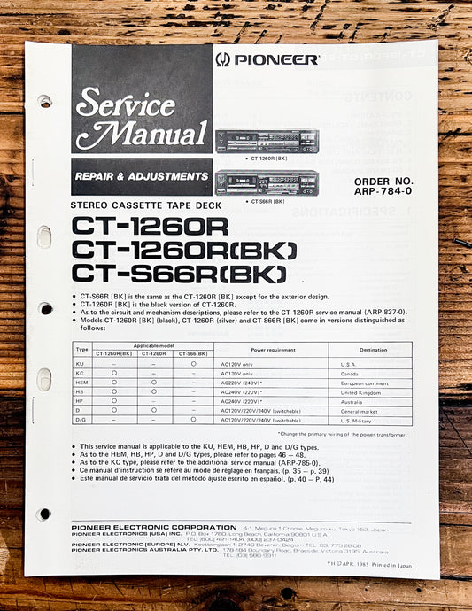 Pioneer CT-1260R -S66R Cassette  Service Manual *Original*