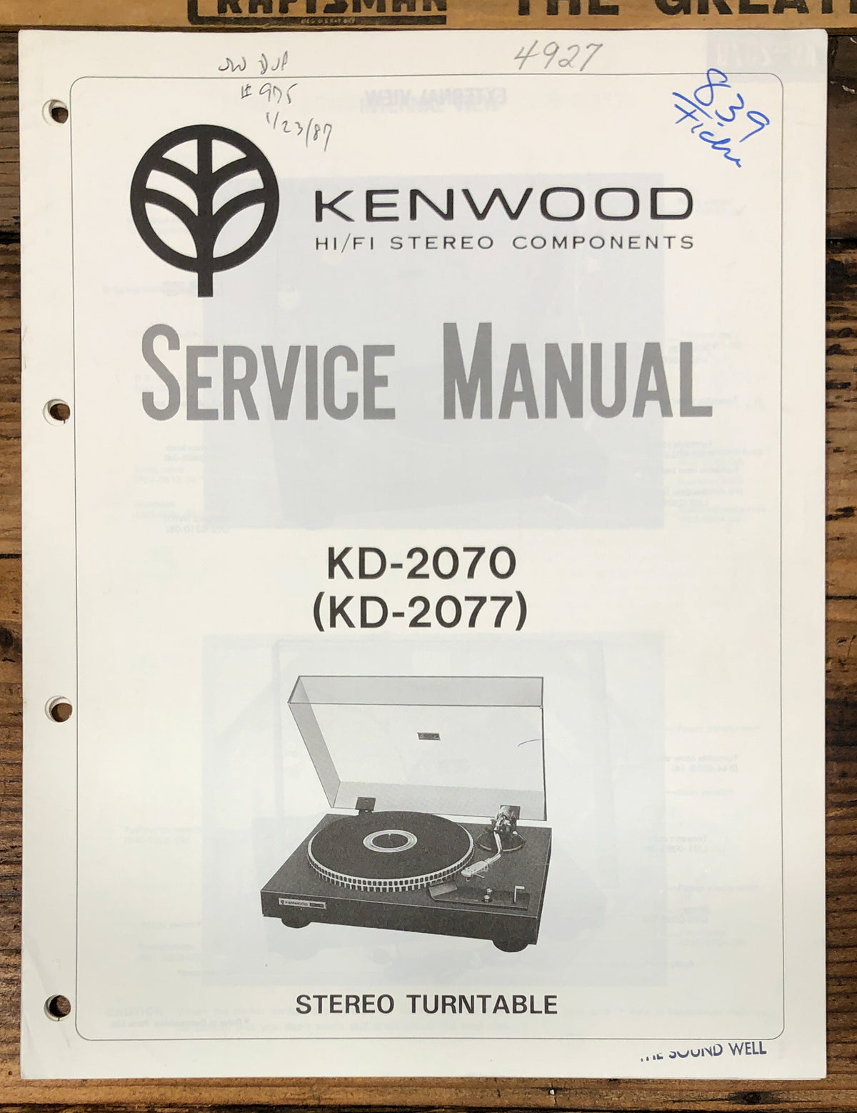 Kenwood KD-2070 KD-2077 Record Player / Turntable  Service Manual *Original*
