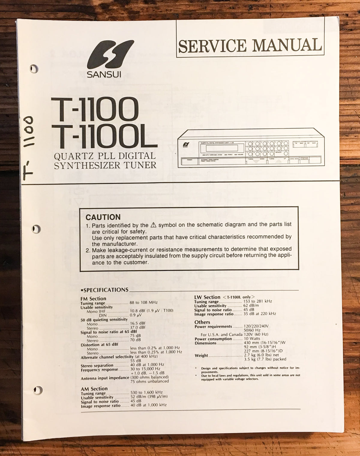 Sansui T-1100 T-1100L Tuner  Service Manual *Original*