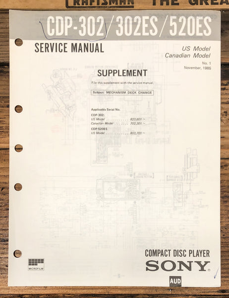Sony CDP-302 -302ES -520ES CD Player Supp. Service Manual *Original*