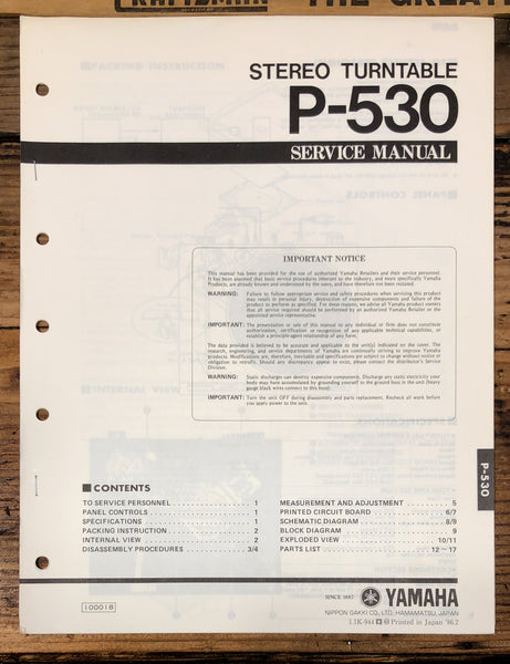 Yamaha P-530 Record Player / Turntable  Service Manual *Original*