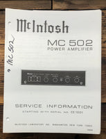 McIntosh MC502 MC-502 Amplifier  Service Manual *Original*